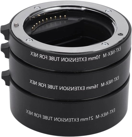 Set di Macro Obiettivi a Focale Fissa con Focali 10mm+16mm+21mm, Anello di Adattamento in Metallo, Montaggio E con Focale Auto Focus