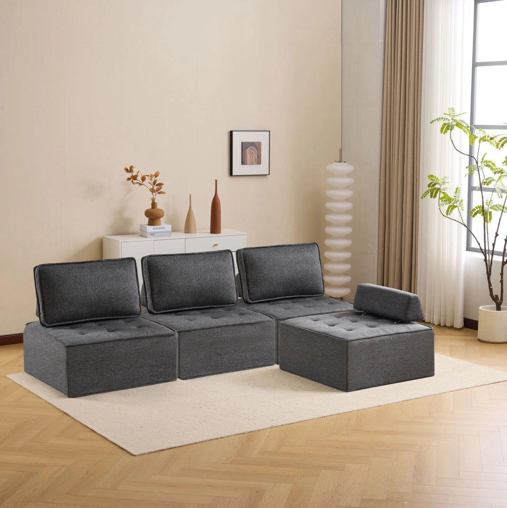Divano relax modulare componibile in tessuto di lino grigio scuro; struttura in compensato