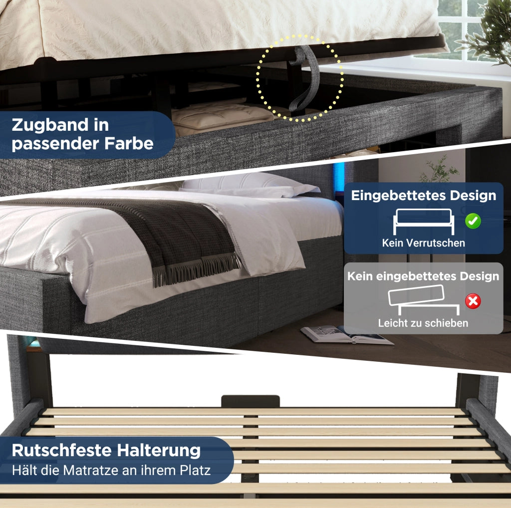 Letto imbottito grigio con testiera multifunzione, contenitore idraulico e LED