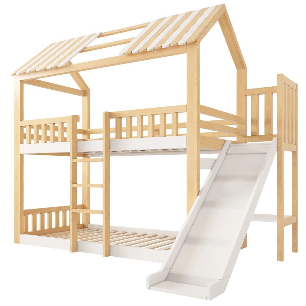 Letto bambini 90x200cm con tetto a timpano, scivolo, mensola laterale, bianco e legno naturale