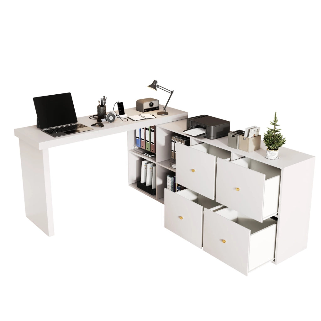 Scrivania angolare girevole con 4 vani e 4 cassetti; per ufficio; in MDF; bianco