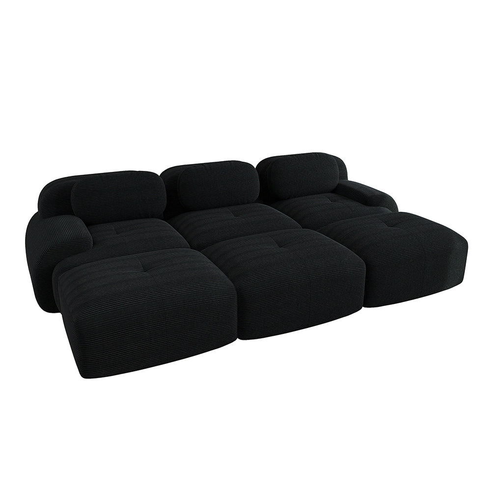 Set divano 3 posti + 3 pouf - Xylo - Velluto costato, braccioli XL, imbottitura 32D, nero