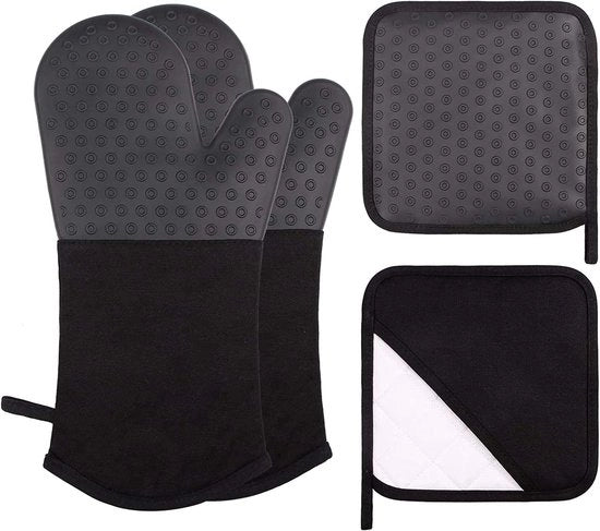 Occhiali da forno extra lunghi e set di tovaglioli per padelle - resistente al calore e anti-slip - 2 pezzi - nero - silicone