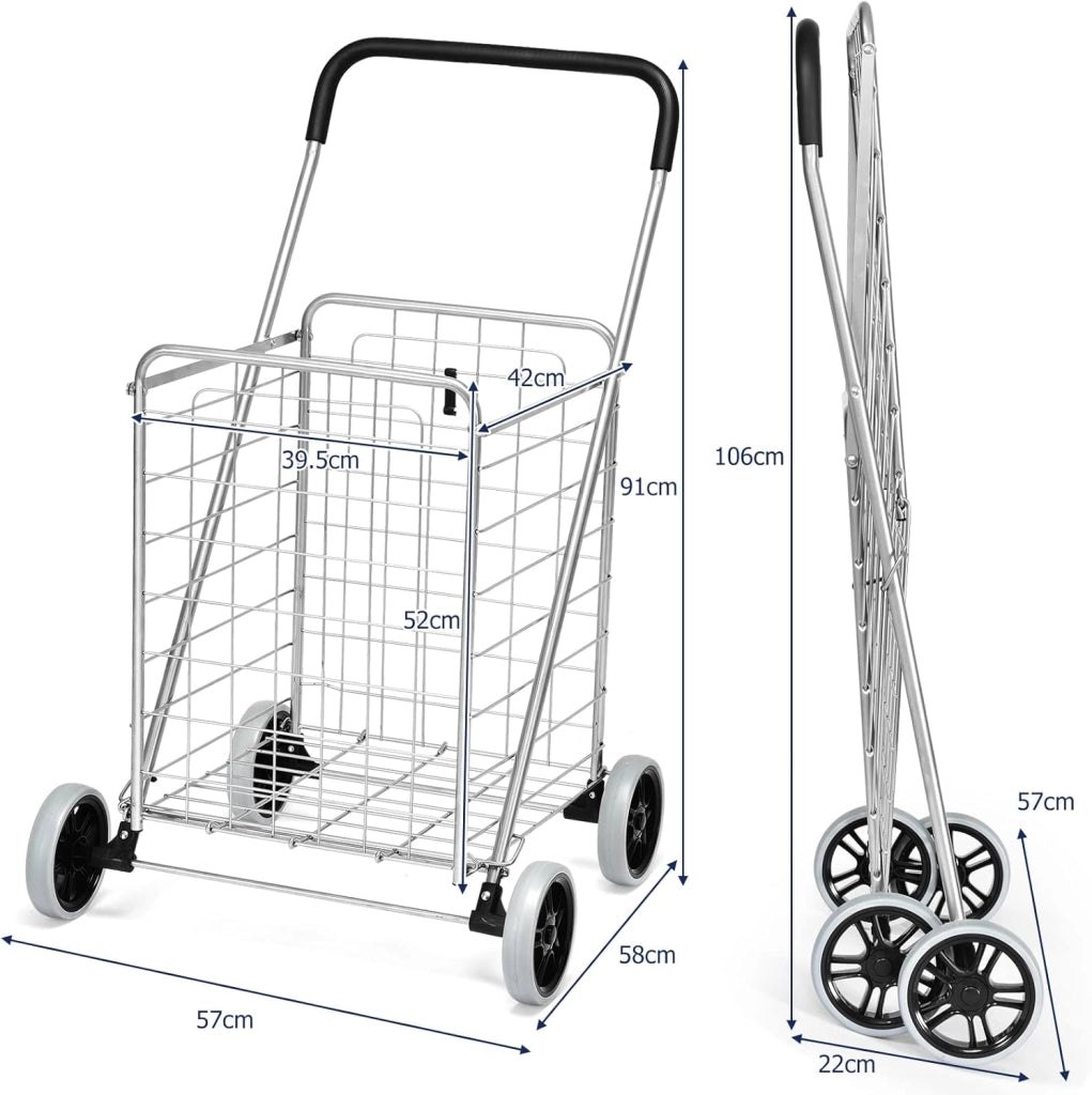 Carrello Portaspesa Pieghevole, Carrello Spesa con Ruote, Capacità di Carico: 45 kg, 83L, 57 x 58 x 91 cm (Argento)