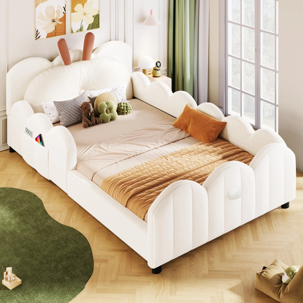 LETTO Piattaforma imbottito 90x200 cm Beige con testiera a tema coniglio