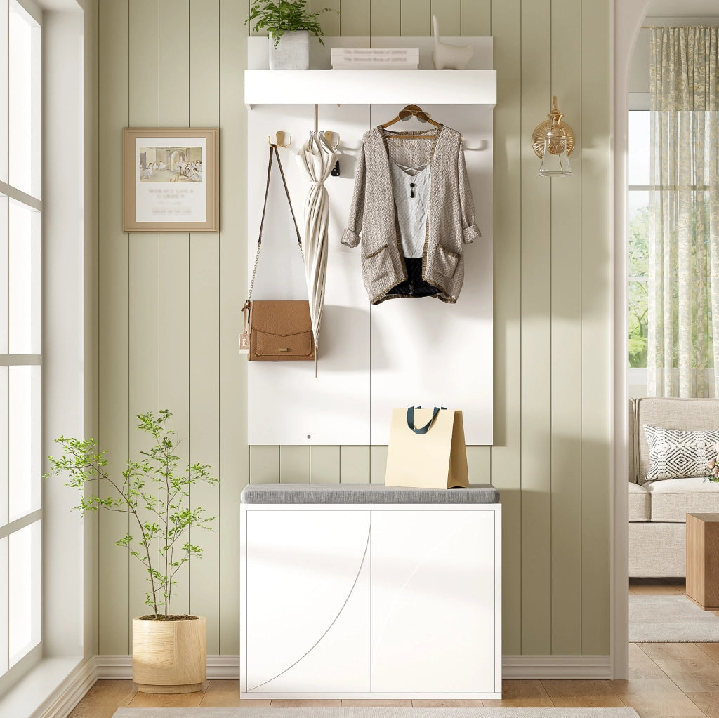 Set ingresso 3 in 1 con appendiabiti; mobile scarpe 2 ante e panca 60x35 cm bianco HOMVRA