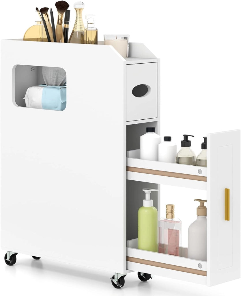 Piccolo Mobile da Bagno 16 cm, Armadietto da Bagno Stretto, Porta Carta, Porta Spazzola, Mobile WC Compatto con Cassetto e Ruote, Organizzazione del Bagno per Spazio Piccolo, Bianco