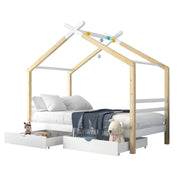 Letto casetta 90x200 cm; con cassetti; legno e MDF; bianco (Senza materasso)