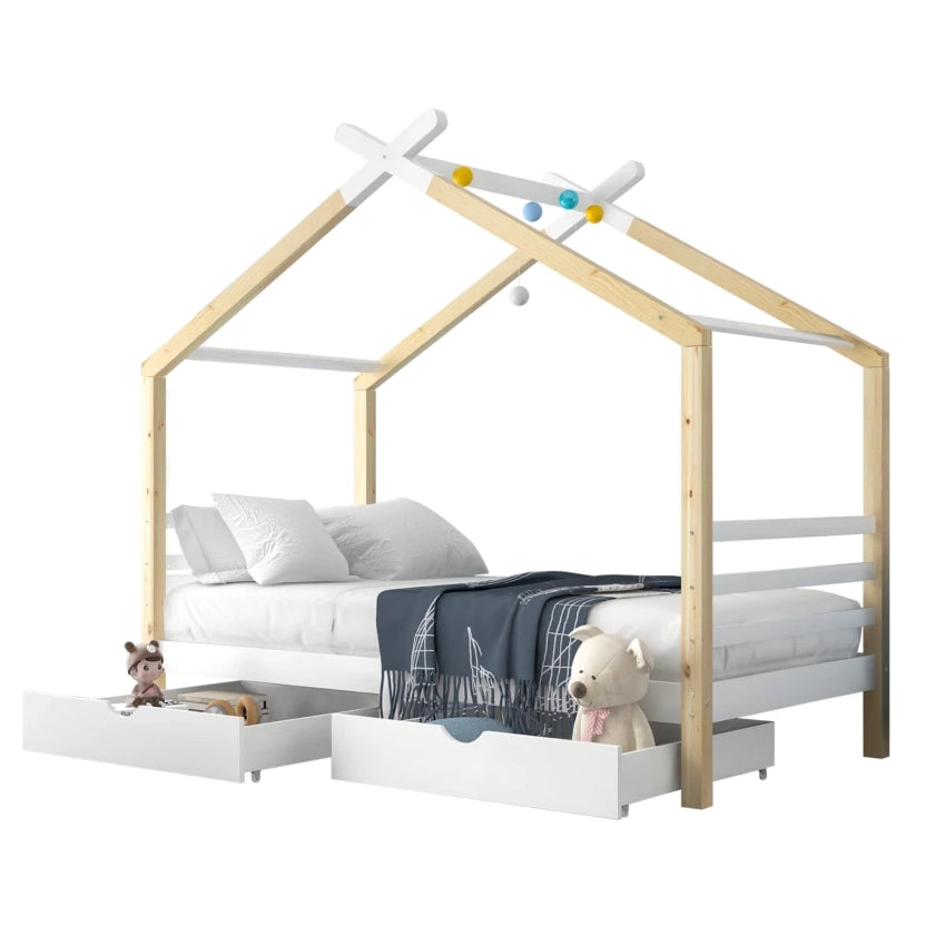 Letto casetta 90x200 cm; con cassetti; legno e MDF; bianco (Senza materasso)