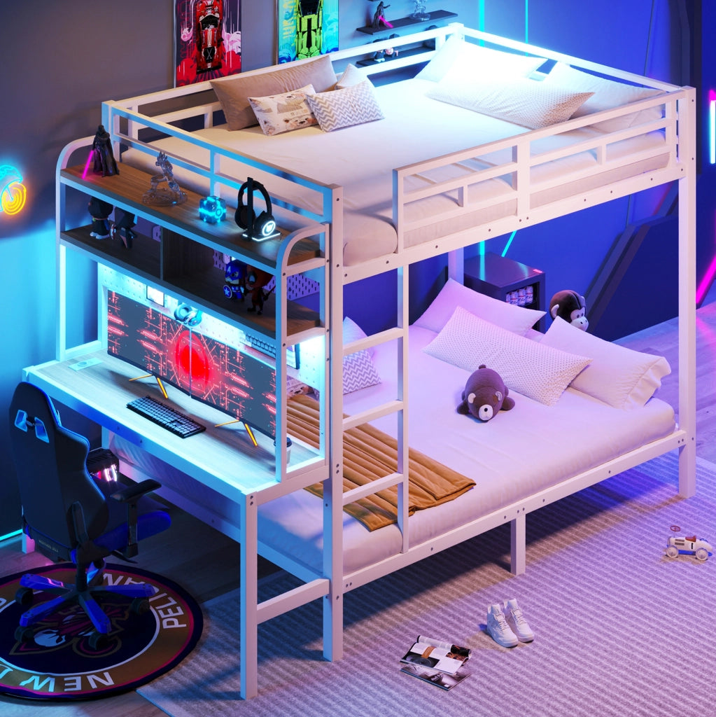 Letto a castello 140x200 cm in metallo e MDF; con scrivania; ripiani; LED e USB; bianco