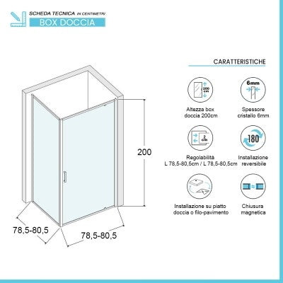 Box doccia angolare 80x80 cm con porta battente in cristallo serigrafato Ted