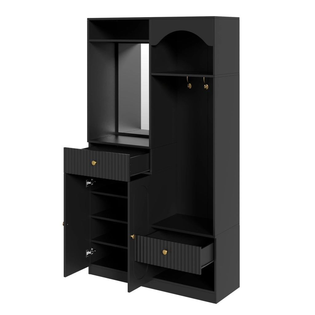 Armadio da ingresso con specchio, ganci, panca e LED, ripiani regolabili, nero, 100 × 35 × 180 cm
