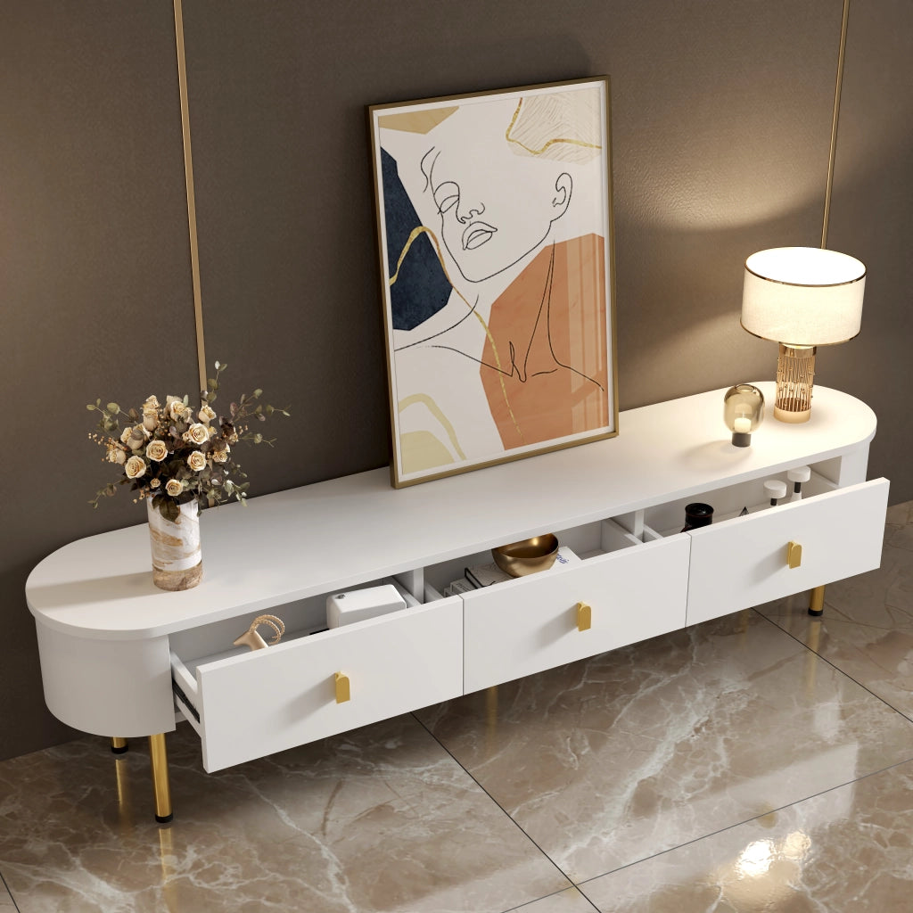 Mobile Porta TV con 3 Cassetti; Maniglie e Piedini Dorati; Angoli Arrotondati; Finitura Laccata; in MDF; 174??35??41 cm; Bianco