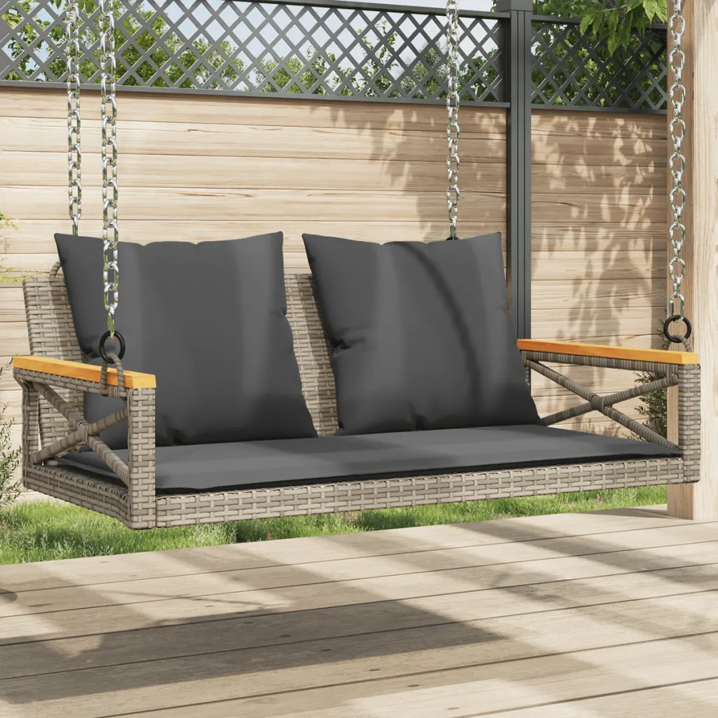 Panca da Giardino | Panchina Dondolo con Cuscini Grigia 109x62x40 cm in Polyrattan