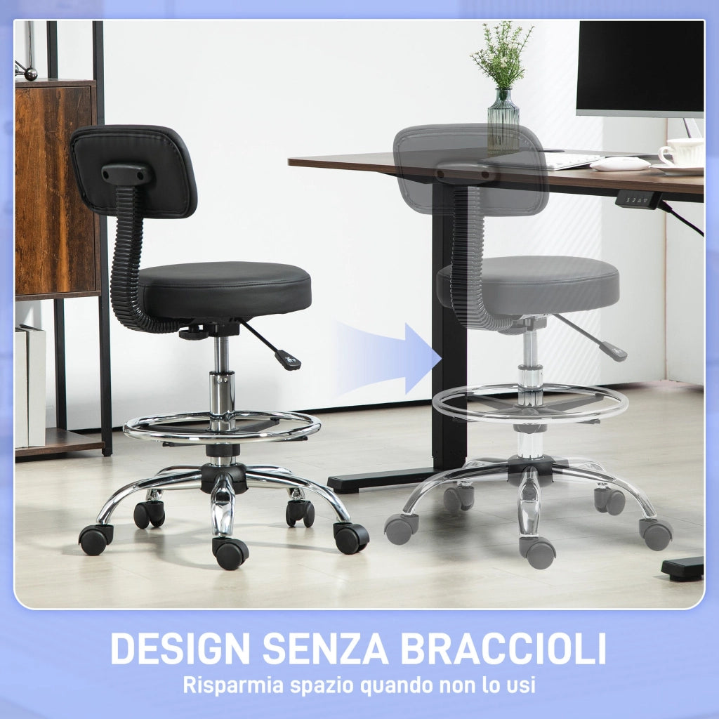Sedia Girevole 52x52x78-92 cm ad Altezza Regolabile con Poggiapiedi in Acciaio e Finta Pelle Nero