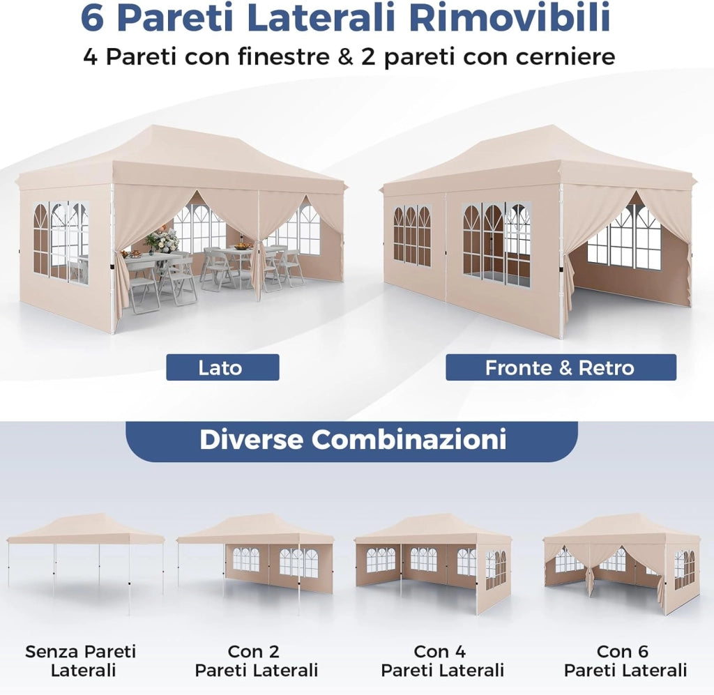 Gazebo da Giardino 3 x 6 m, Tendone per Feste con 6 Pannelli Laterali Rimovibili, con Borsa da Trasporto, Design Pop-up, per Matrimonio Eventi e Barbecue (Beige)