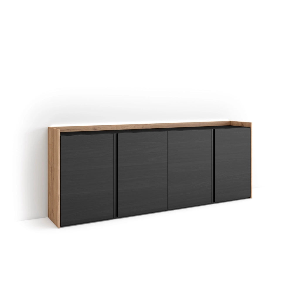 Credenza, Mobile, Cucina, 207x80x35 cm, 4 Porte, LED, Nero e rovere