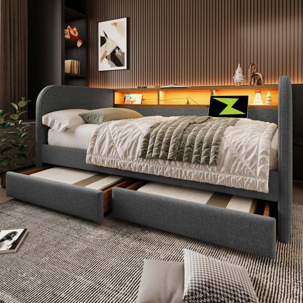 Letto a giorno 140x190 - Xylo - USB-C 2 cassetti grigio
