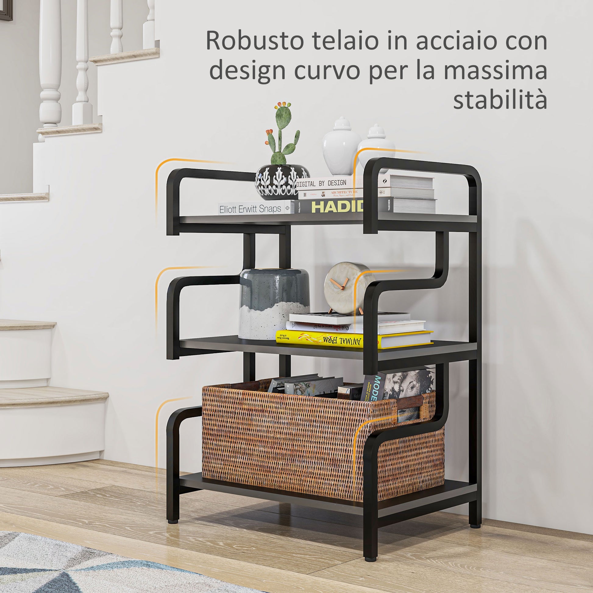 Supporto per Stampante Industriale 55x40x77 cm a 3 Livelli in Metallo e Truciolato Nero