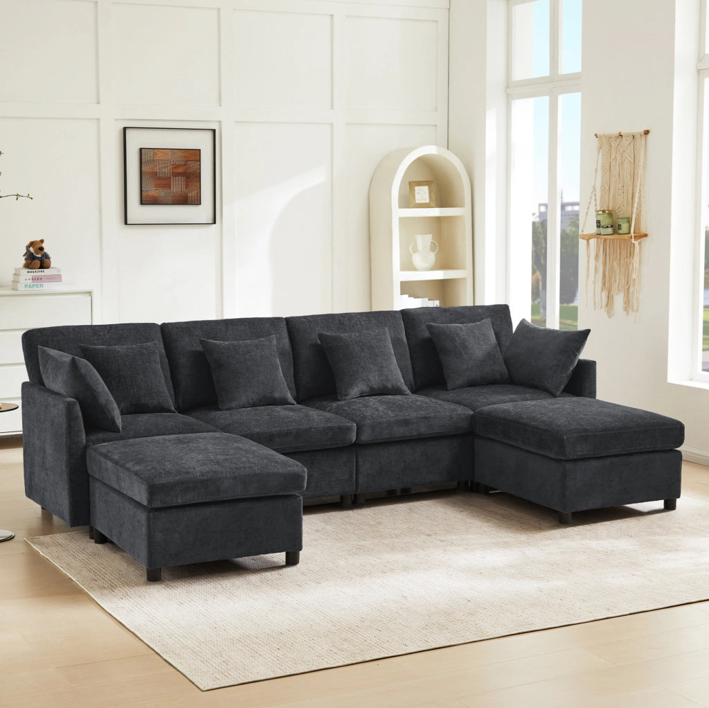 Divano modulare in ciniglia grigio con 2 pouf e 6 cuscini; 278 × 161 × 81 cm