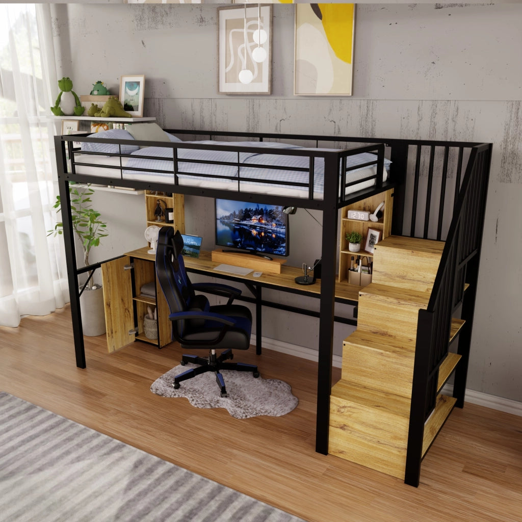 Letto a soppalco 90 × 200 cm con scrivania, armadio, ripiani, scale contenitore et USB, senza materasso, nero