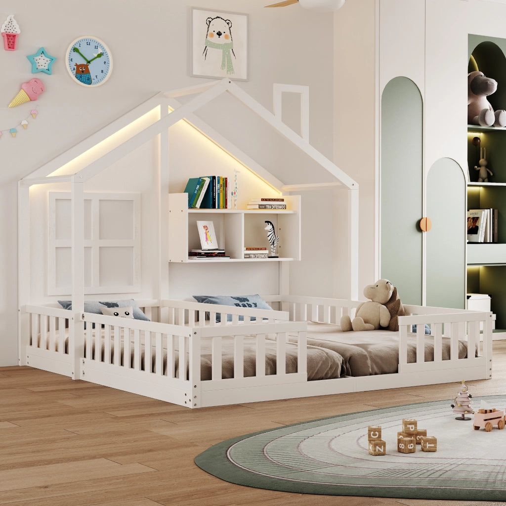 Letto per bambini a forma di casa con LED e doghe, 90x200 cm, bianco