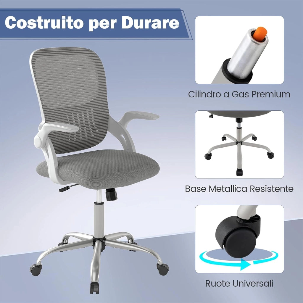 Sedia da Ufficio, Poltrona Ergonomica in Rete Traspirante con Braccioli Reclinabili, Poltrona da Scrivania Girevole Regolabile in Altezza con Ruote