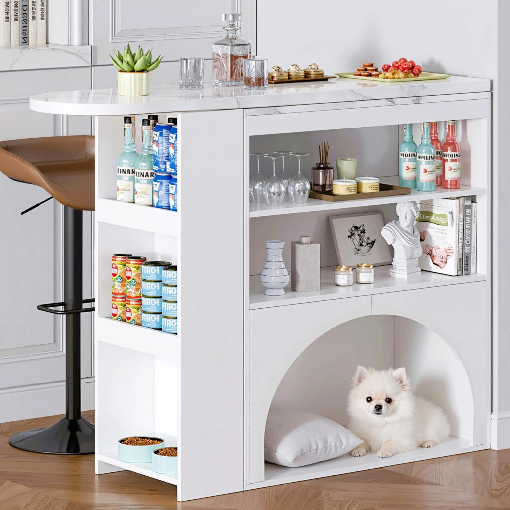 Tavolo bar allungabile moderno bianco con piano effetto marmo, vano per animali domestici e ripiani aperti, 120(+80)×40×100 cm