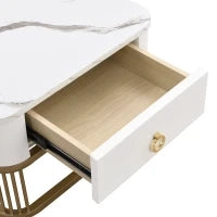 Set di Tavolini da Salotto Impilabili in Marmo Lucido con Dettagli Dorati e Cassetti, 60x60x45 cm + 50x50x34 cm, Bianco