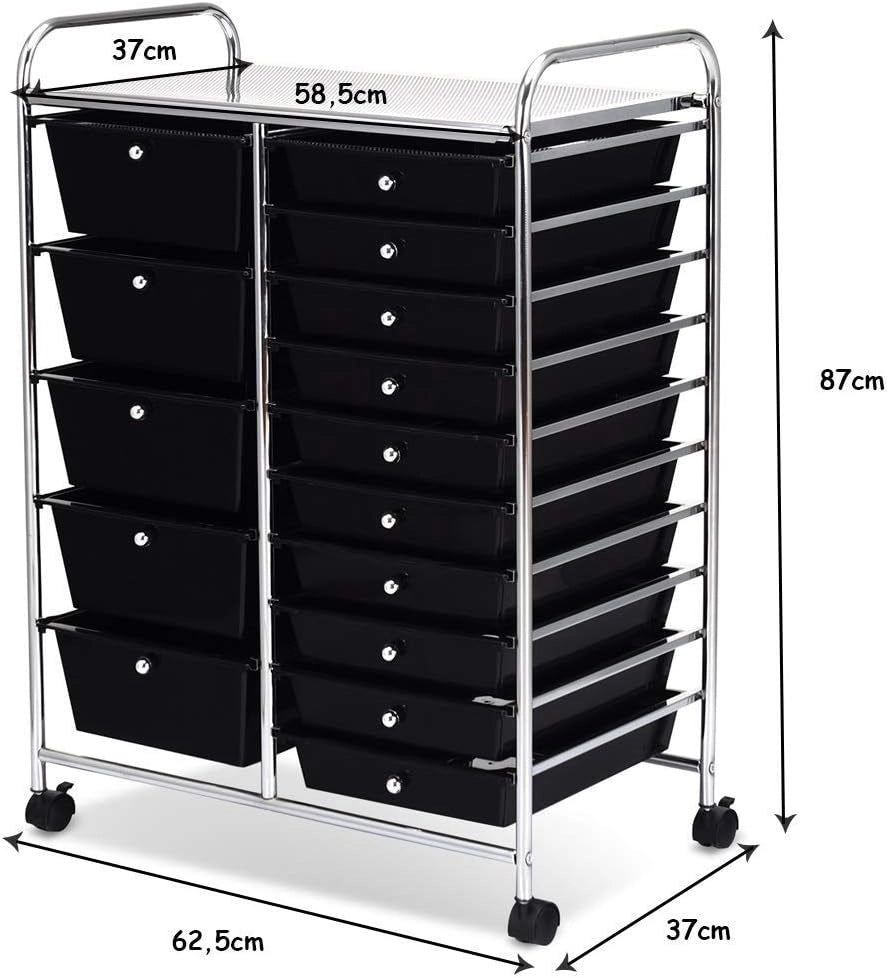 Carrello con 15 Cassetti Impilabili, Carrello di Stoccaggio con Ruote, Carello Portaoggetti per Casa e Ufficio, 62,5 x 37 x 87 cm (Nero)