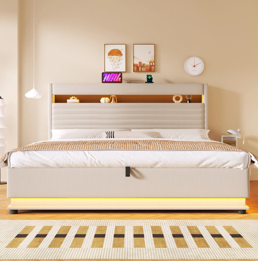 Letto matrimoniale imbottito 180x200 cm in lino beige con contenitore; LED e USB-C