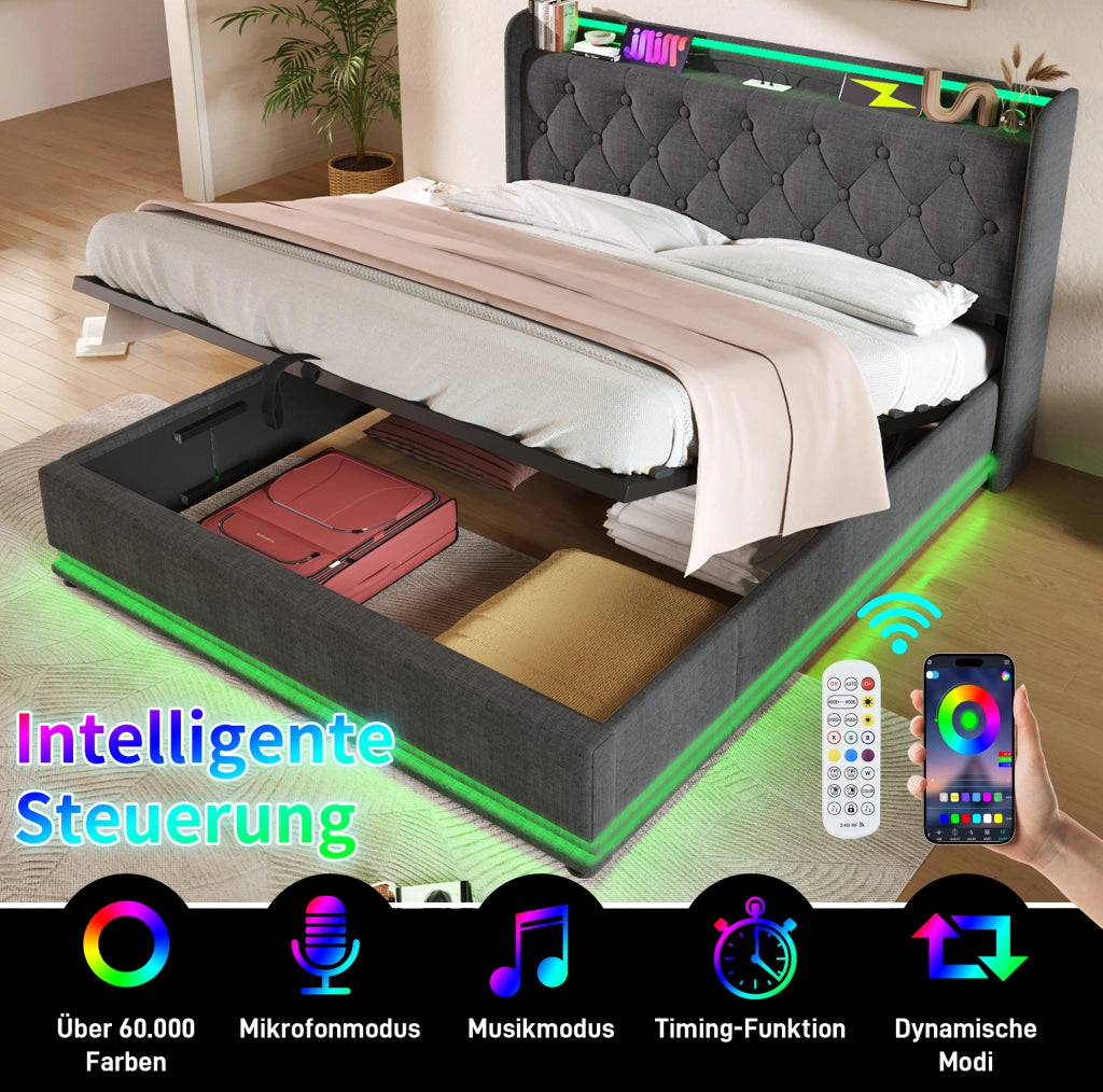 Letto matrimoniale contenitore LED 160x200 cm grigio con USB-C