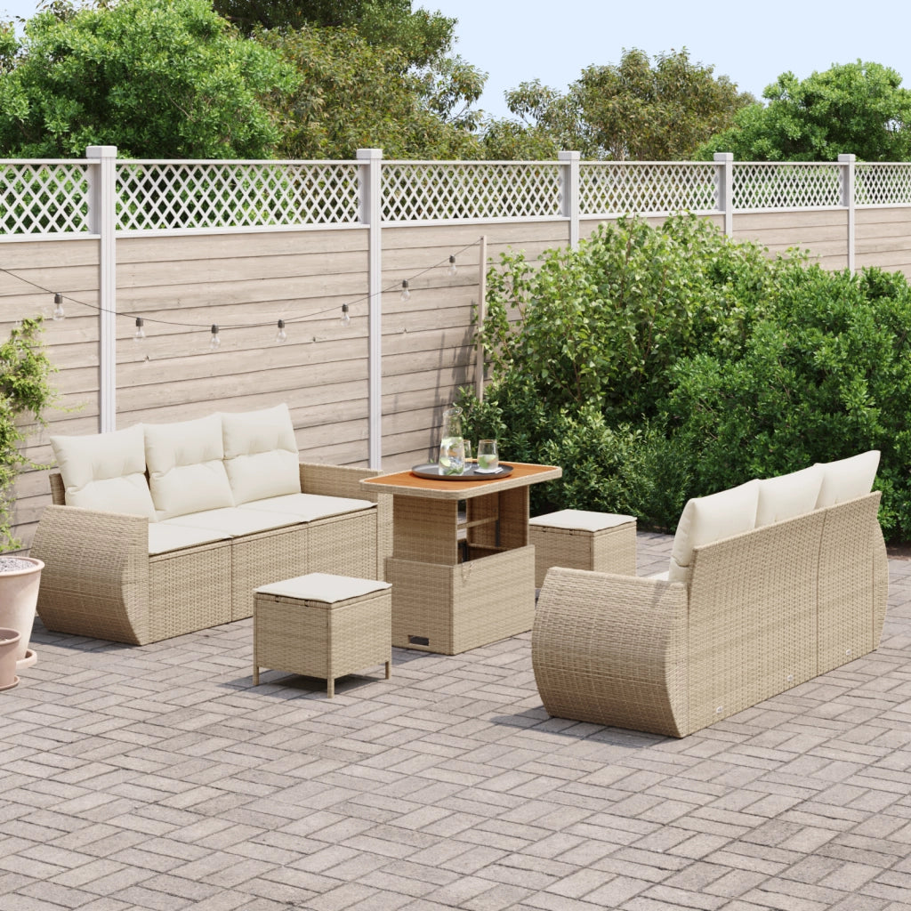Set Divano Giardino  9 Pezzi con Cuscini Beige in Rattan Poli e Acacia