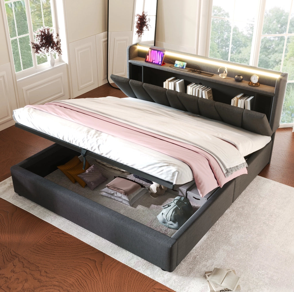 Letto matrimoniale imbottito 140x190 cm con LED RGB e prese, grigio