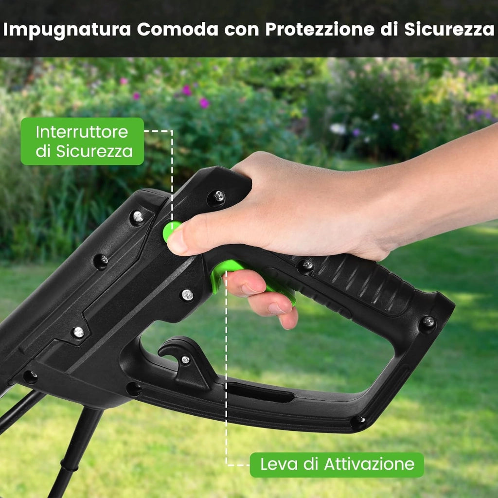 Motozappa Elettrica 1500W, Zappatrice Elettrica con Maniglia Pieghevole, Ruote Regolabili, 6 Lame, Velocità 400 PRM, Profondità 22 cm, Larghezza 43 cm (Verde, 1500 W)