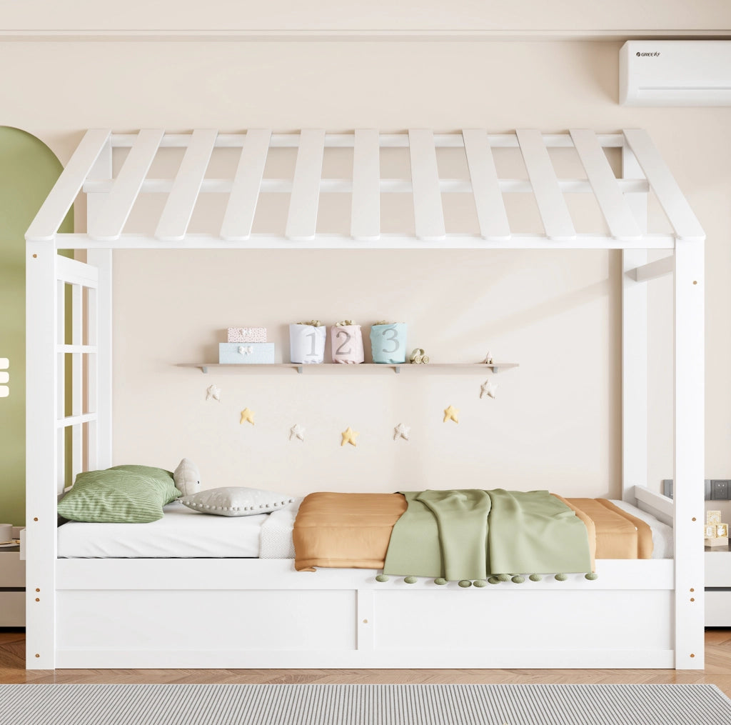 Letto per bambini 90 x 200 cm con contenitore idraulico e vani laterali; bianco