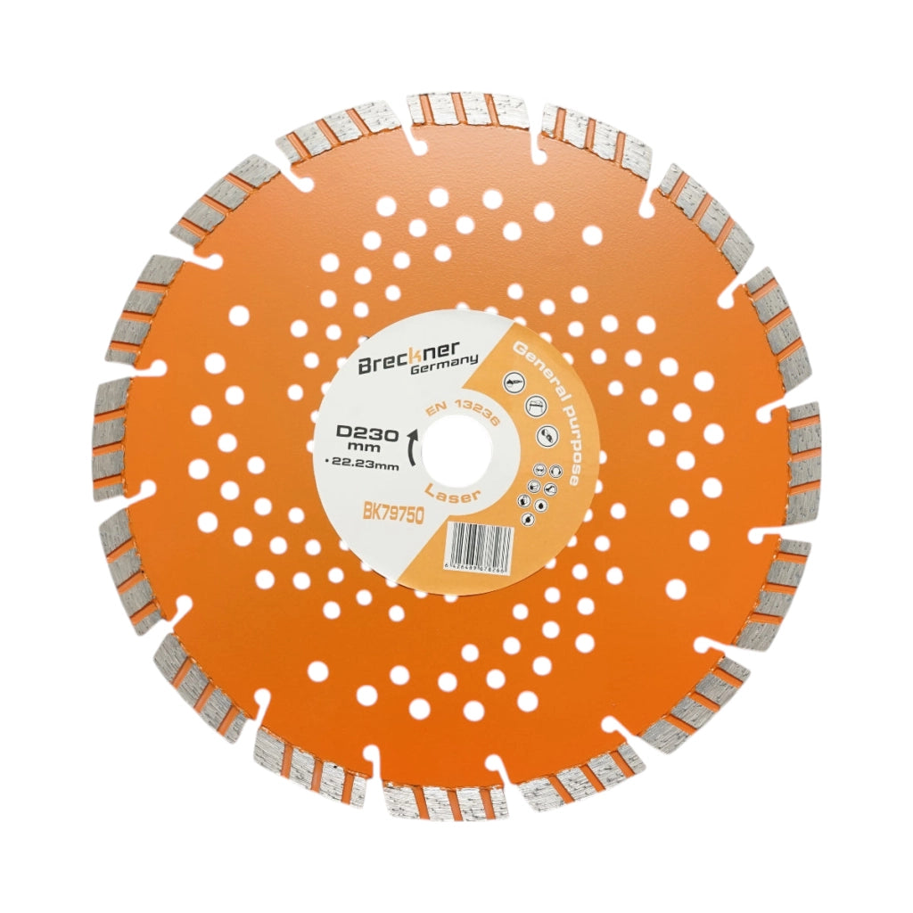 Disco diamantato turbo segmentato 230x22,23 mm, segmento 10 mm per cemento armato, pavimentazioni, archi, pietra dura Breckner Germany
