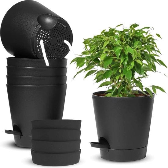 Sistema di irrigazione per piante - set di 6 neri 14 cm autoirrigazione con sottopiatto - vaso rotondo per giardino balcone - decorazione per piante indoor - primavera moderno