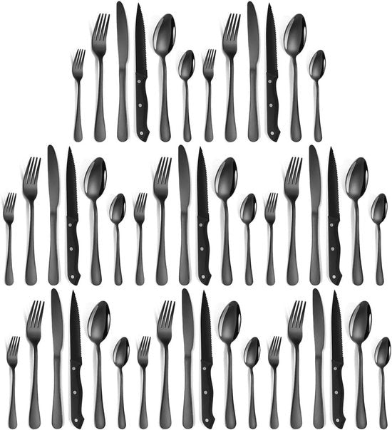 Set di accessori per 8 persone - 48 pezzi, Acciaio inossidabile, Resistente al lavastoviglie, Nero