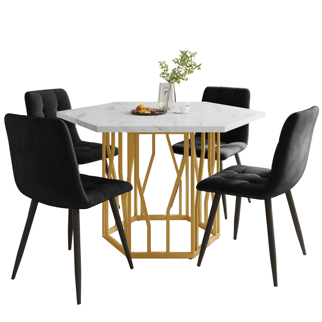 Tavolo da pranzo esagonale con piano effetto marmo, struttura in metallo, per sala da pranzo, nero e oro, 115,5 × 100 × 75 cm