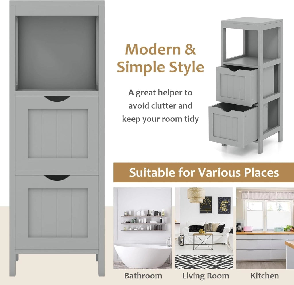 Mobile Bagno Stoccaggio a 3 Livelli, Colonna Bagno Cassettiera Armadio con Mensola Aperta e 2 Cassetti, Armadio su Piede per Soggiorno, Cucina, WC, 30 x 30 x 90 cm (Grigio)