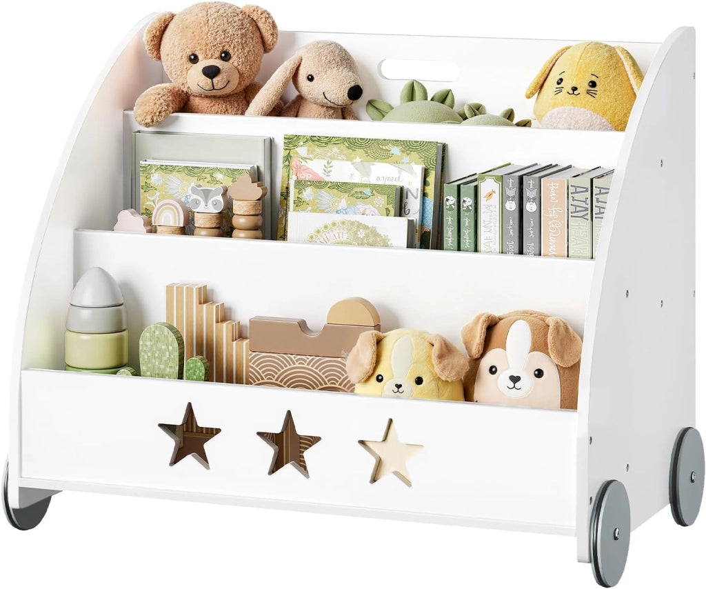 Libreria per bambini in legno, scaffale per giocattoli a 3 livelli, organizza libri con ruote cameretta, bianco