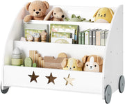 Libreria per bambini in legno, scaffale per giocattoli a 3 livelli, organizza libri con ruote cameretta, bianco