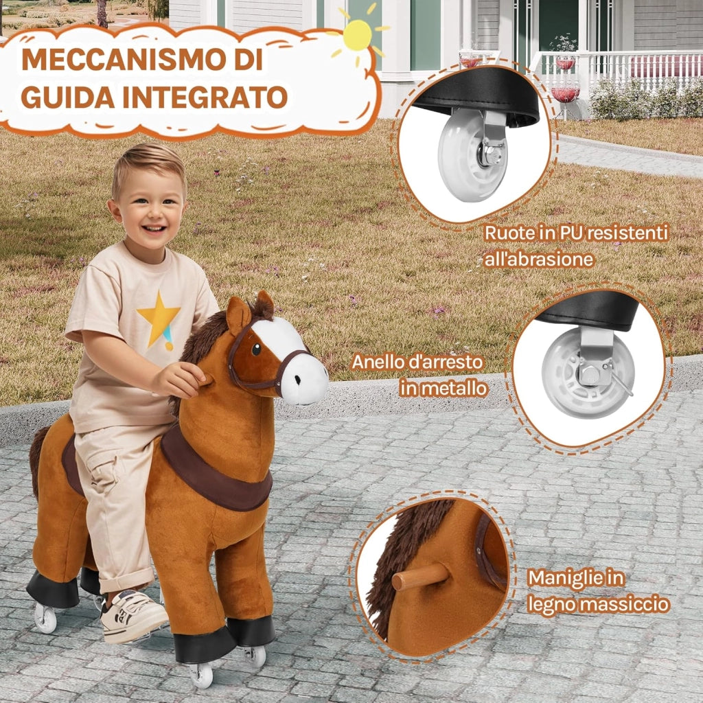 Cavallo a Dondolo su Ruote per Bambini, Cavalluccio Cavalcabile in Peluche con Suoni, per Interni ed Esterni, Giocattolo da 3 Anni, Struttura in Legno e Metallo, Marrone