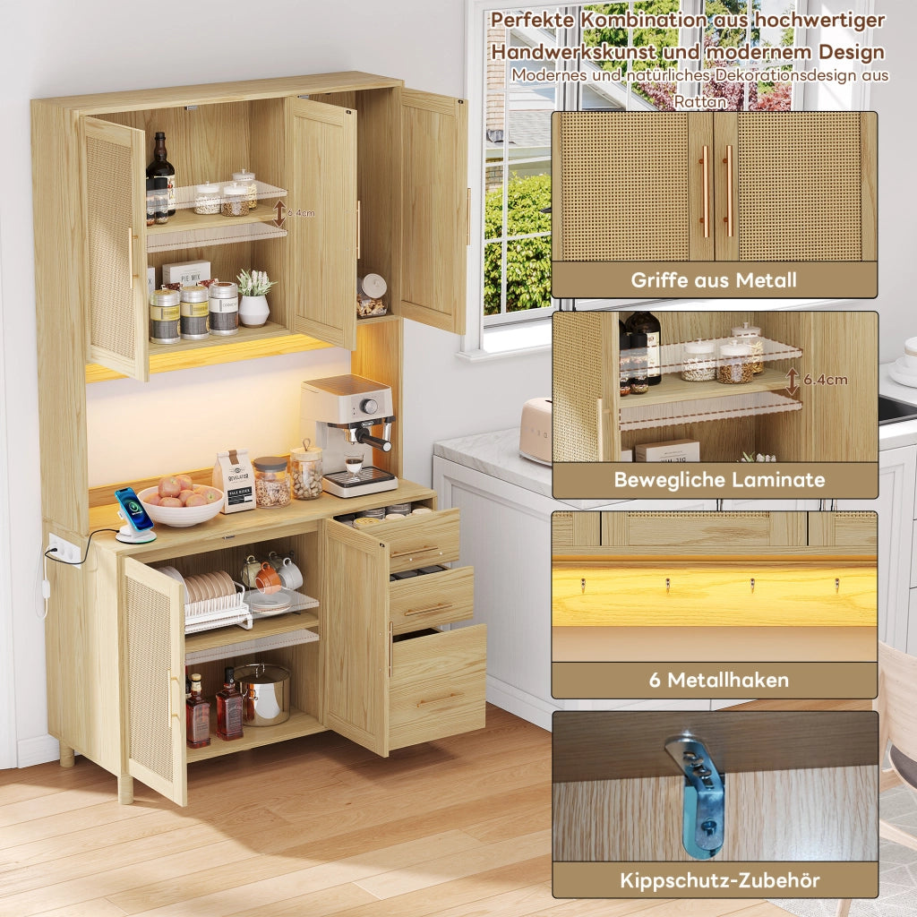 Credenza con LED app, prese e ripiani regolabili, 3 cassetti, MDF naturale, per cucina e sala da pranzo 183 cm