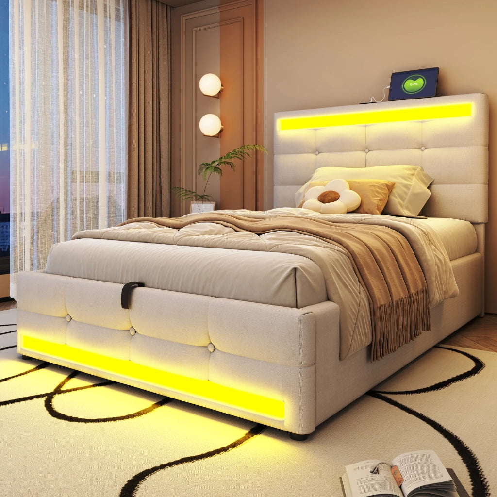 Letto imbottito 90x200 con LED RGB, 2 porte USB, testiera regolabile e struttura contenitore