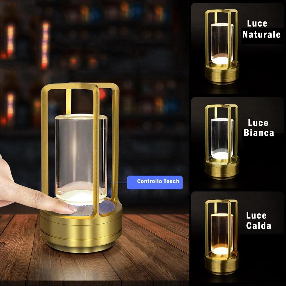 Trade Shop - Lampada A Led Da Tavolo 3 Watt Lanterna Lume Ricaricabile Touch Dimmerabile Cct D37-3c - Oro