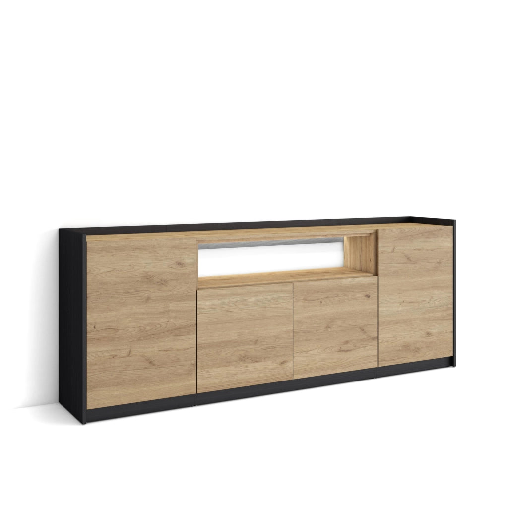 Credenza, Mobile, Cucina, 207x80x37 cm, 4 Porte, LED, Rovere e nero