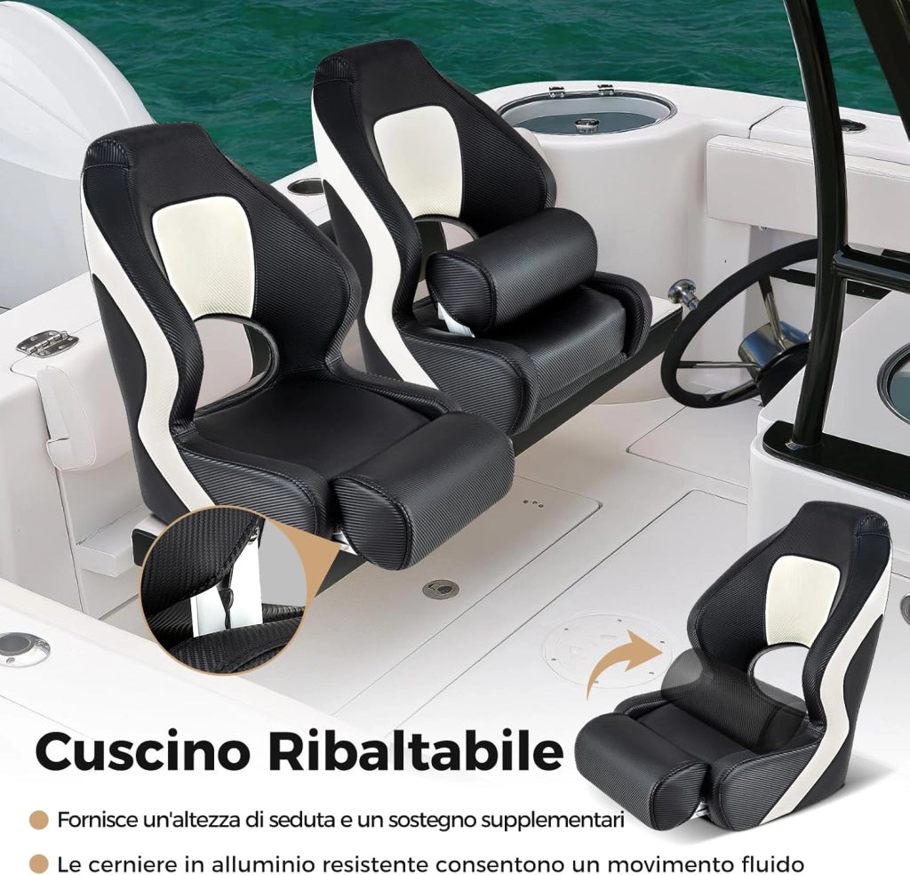 Sedia per Barca, Sedile da Barca con Supporto per Schienale e Cuscino, Rivestimento in Pelle PVC Impermeabile, Schienale Alto 53 cm, Seduta da Barca da Pesca e Escursioni