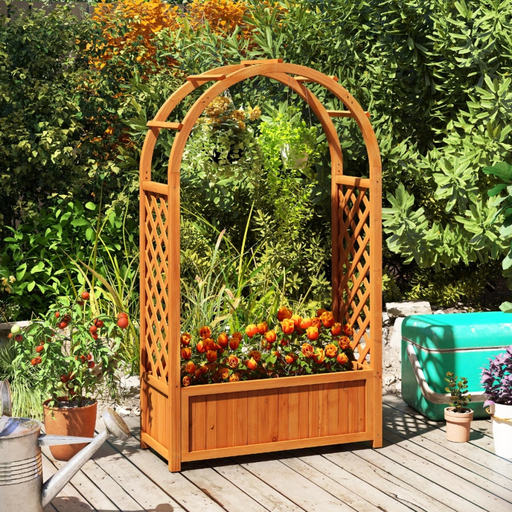 Letto da giardino elevato con griglia tetto curvo fodera drenaggio, Cassone da piantagione in legno per piante rampicanti Marrone-Fioriere